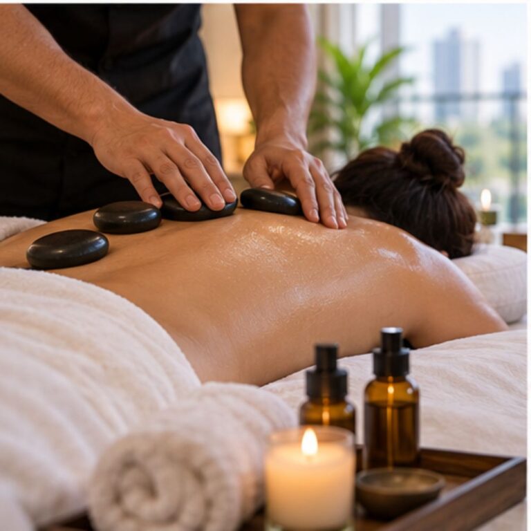 Hot stone massage by a male masseur in a Las Vegas hotel room